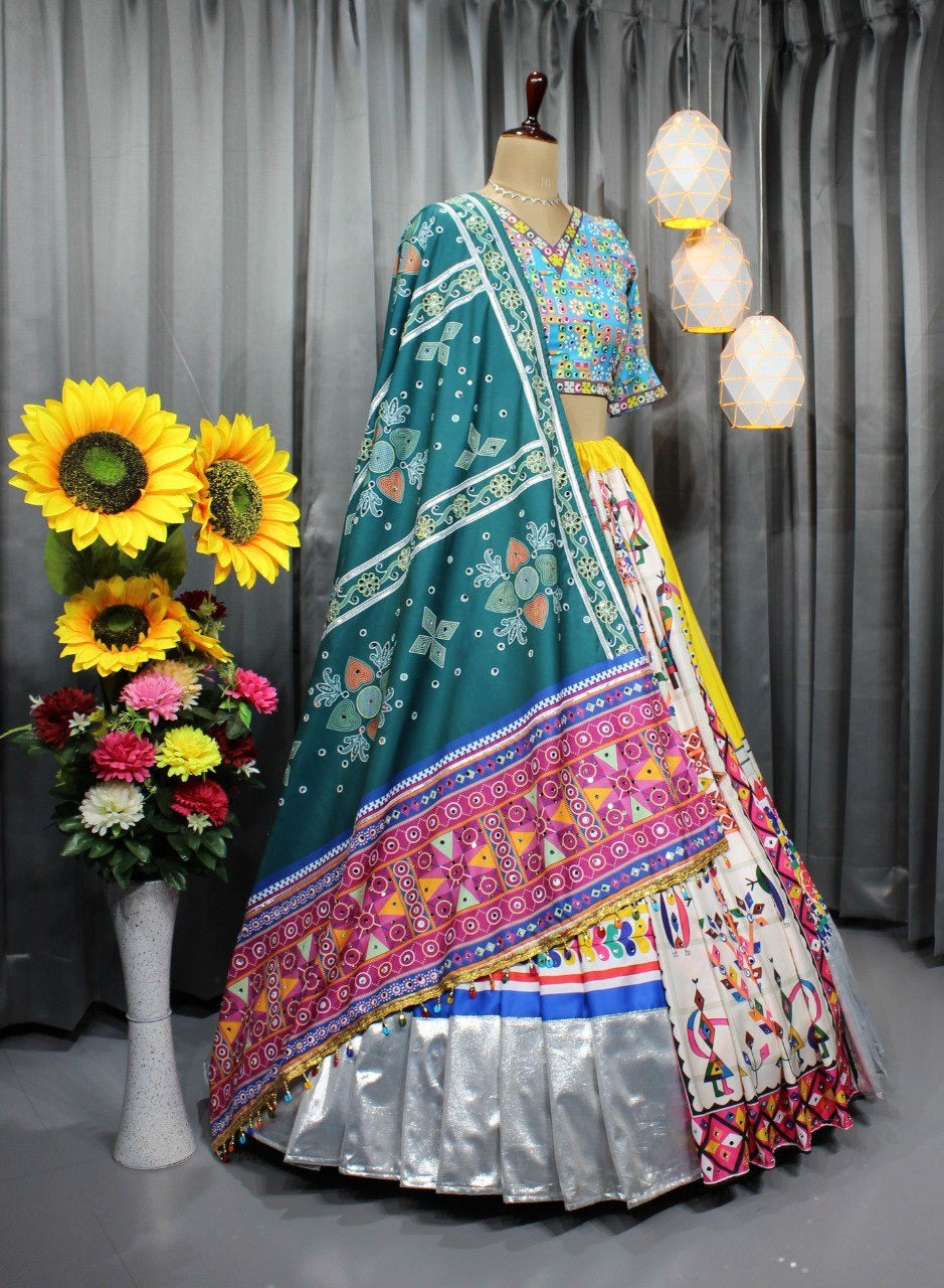 Fancy Digital Print Work &amp; Real Mirror Work With Silver Jari Gota lehenga choli