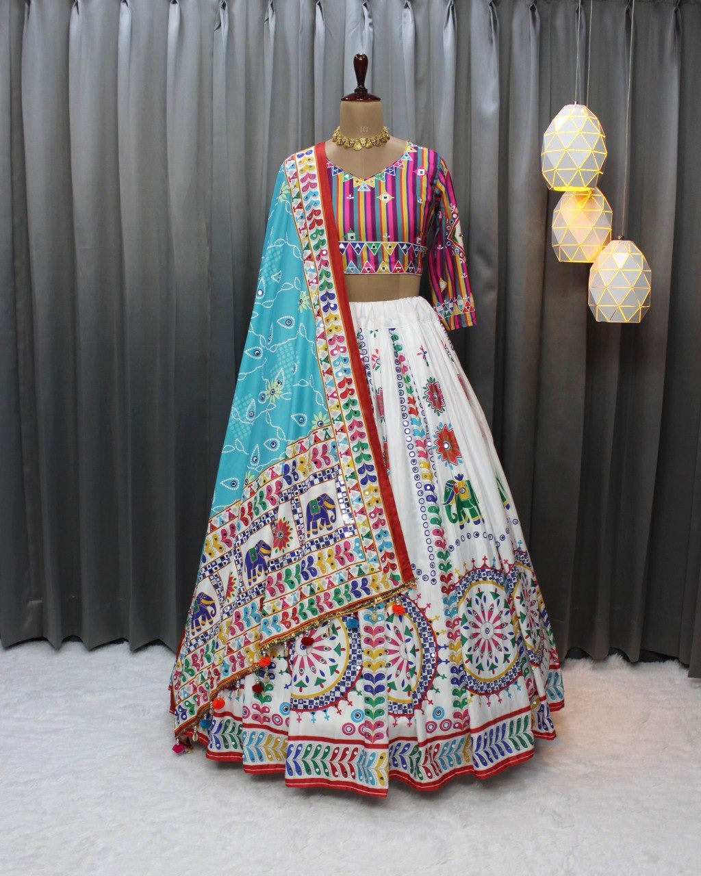 Fancy Digital Print Work & Real Mirror Work multi colour silk lehenga