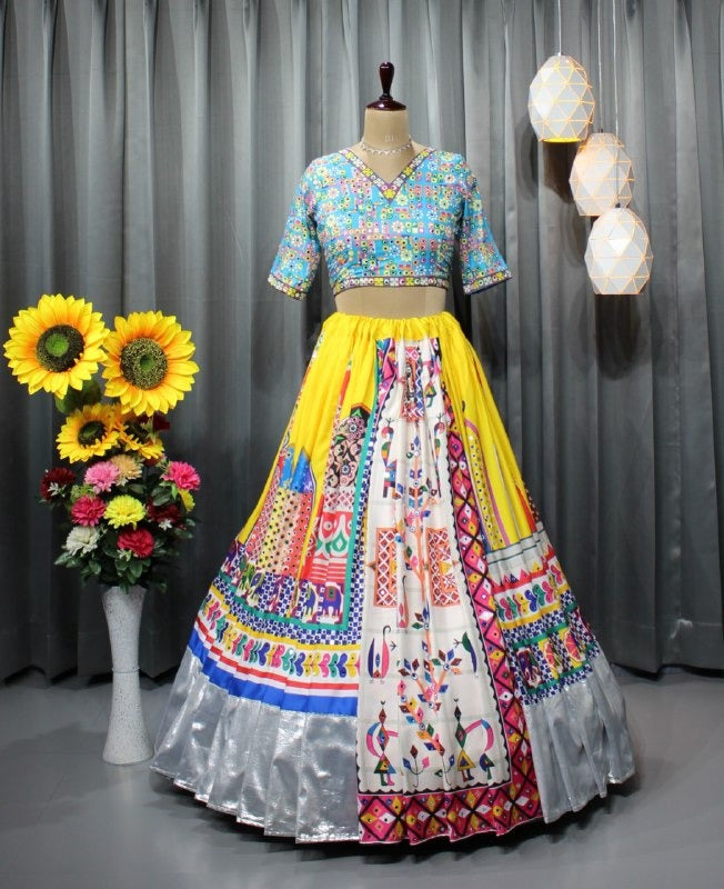 Fancy Digital Print Work &amp; Real Mirror Work With Silver Jari Gota lehenga choli