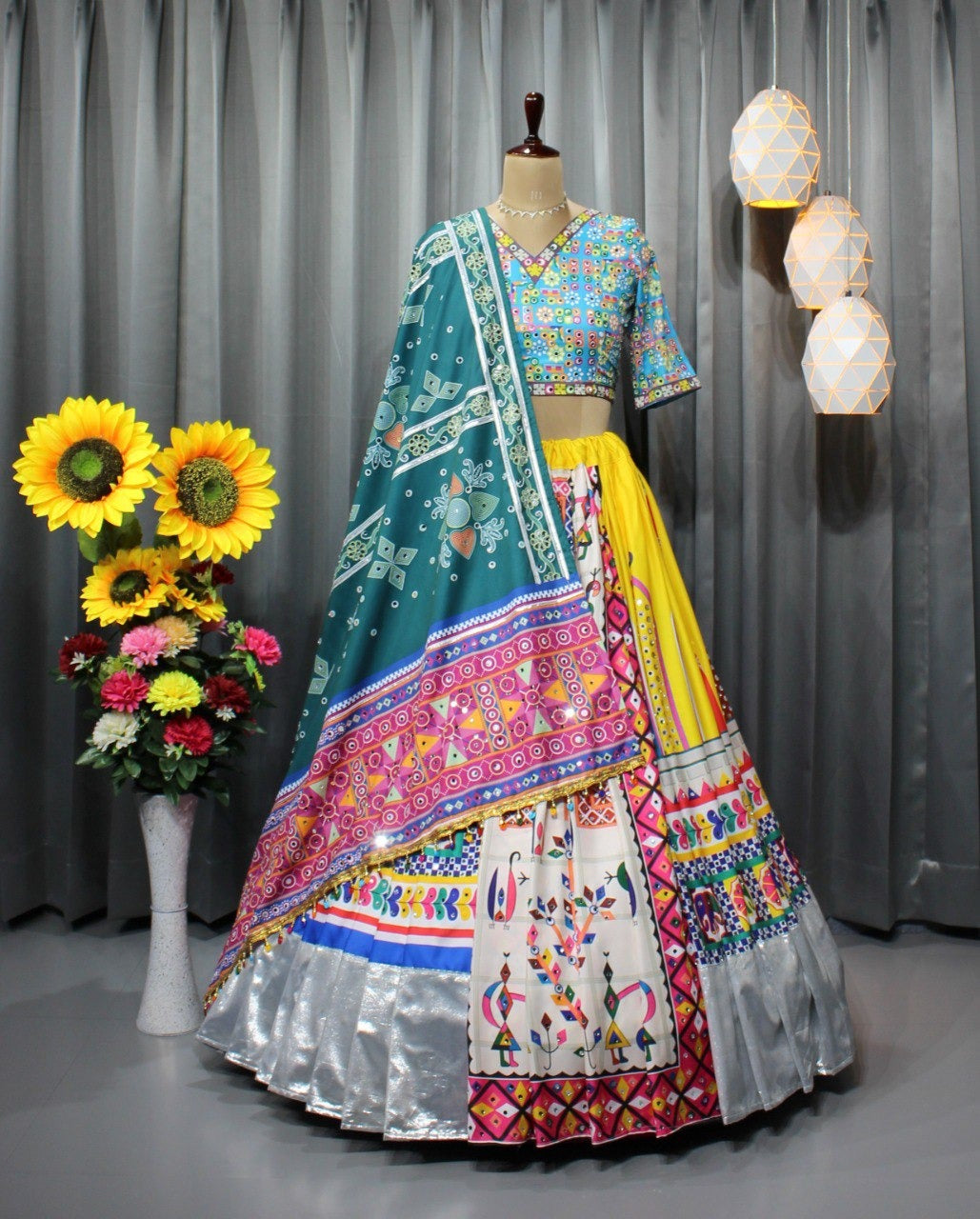 Fancy Digital Print Work &amp; Real Mirror Work With Silver Jari Gota lehenga choli